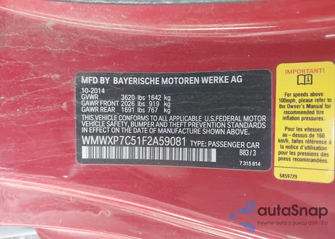 2015 Mini Hardtop Cooper S из США, поврежденный, VIN WMWXP7C51F2A59081